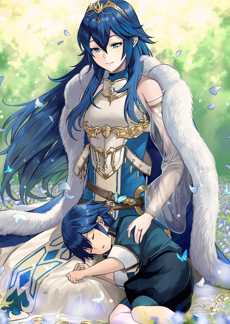 1boy, 1girl, aged_down, ameno_(a_meno0), armor, armored_dress, belt, blue_cape, blue_dress, blue_eyes, blue_hair, blue_shirt, blue_shorts, breastplate, brown_belt, cape, chrom_(child)_(fire_emblem), chrom_(fire_emblem), closed_eyes, closed_mouth, commentary_request, dress, father_and_daughter, fire_emblem, fire_emblem_awakening, fire_emblem_cipher, fire_emblem_heroes, fur-trimmed_cape, fur_trim, lap_pillow, long_hair, looking_at_another, looking_down, lucina_(fire_emblem), outdoors, petals, see-through, see-through_sleeves, shirt, short_hair, shorts, sitting, sleeping, smile, tiara