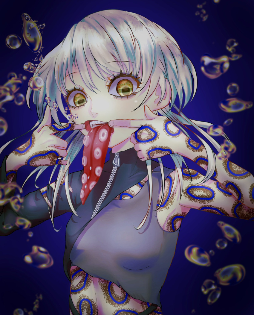 1girl, breasts, bubble, cheek_pull, highres, long_hair, long_tongue, looking_at_viewer