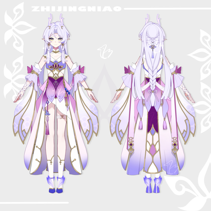 1boy, absurdres, bracelet, braid, detached_sleeves, dress, earrings, eastern_dragon_horns, english_text, full_body, highres, horns, jewelry, long_hair, looking_at_viewer, low-tied_long_hair, male_focus, multiple_views, original, pointy_ears, reference_sheet, virtual_youtuber, white_hair, yellow_eyes, zhijing_niao