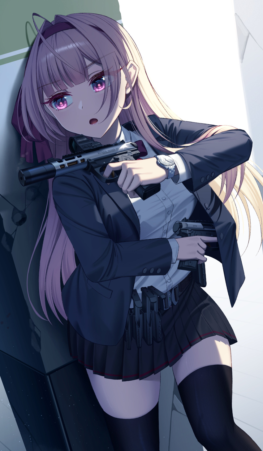 1girl, absurdres, ammunition_pouch, angel_ina, belt, black_belt, black_skirt, black_thighhighs, blue_jacket, bullet_hole, buttons, character_request, commentary_request, day, dual_wielding, gun, handgun, headband, highres, holding, holding_gun, holding_weapon, jacket, leaning_back, long_hair, magazine_(weapon), open_clothes, open_jacket, open_mouth, original, pink_eyes, pink_hair, pleated_skirt, pouch, purple_headband, ruger_mark_iv, shirt, skirt, solo, standing, thigh-highs, watch, watch, weapon, white_shirt