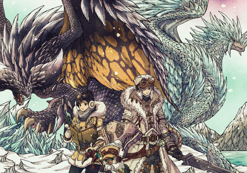 1boy, 1girl, black_hair, book, brown_hair, coat, direwolf_(armor), earmuffs, felyne, fur_coat, fur_hat, gloves, goggles, goggles_on_headwear, handler_(monster_hunter_world), hat, holding, holding_book, holding_sword, holding_weapon, monster_hunter:_world, monster_hunter_(character), monster_hunter_(series), monster_hunter_world:_iceborne, nergigante, sword, toriga, velkhana, weapon, winter_clothes