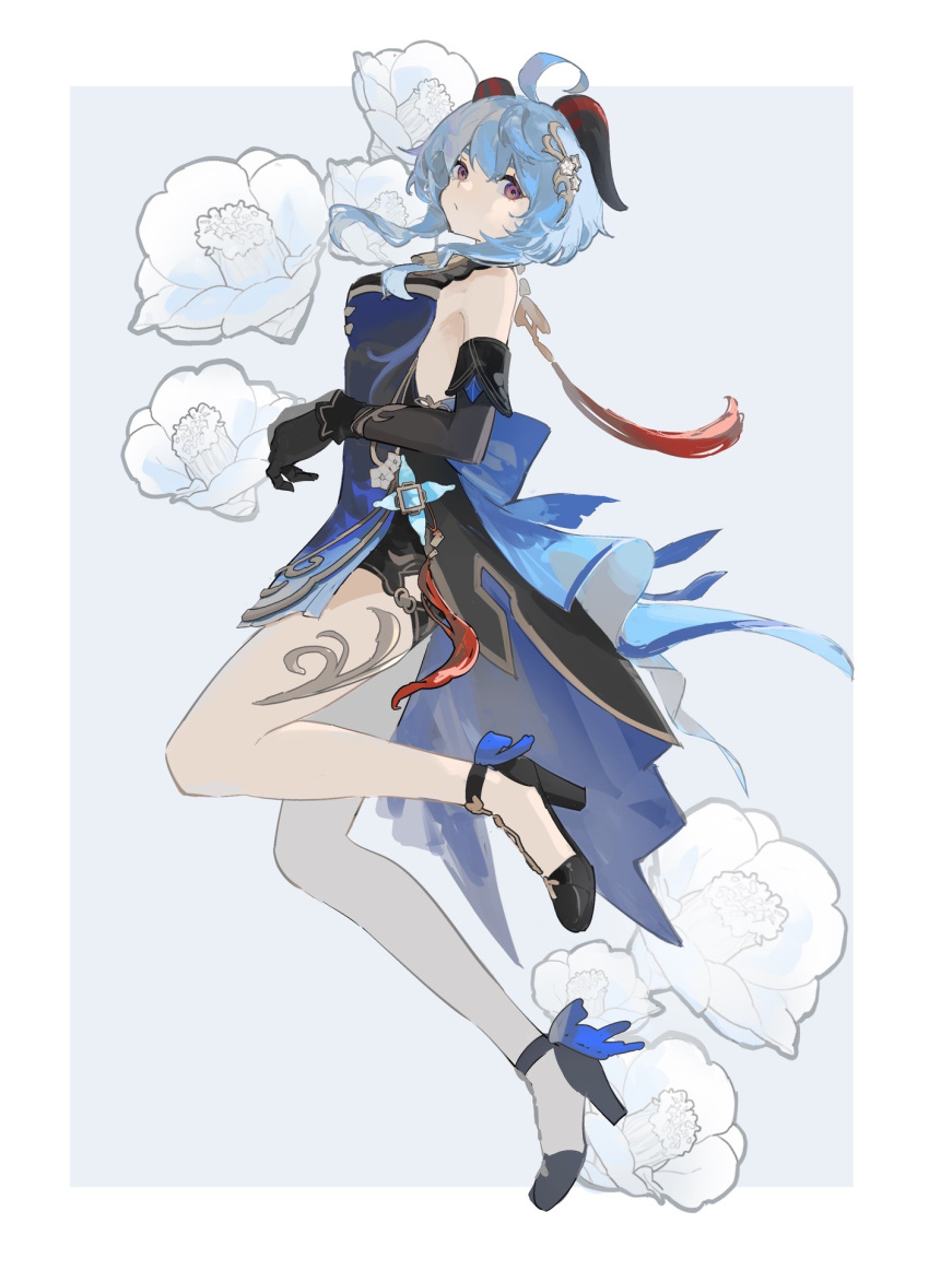 1girl, aco_gbfg, ahoge, bare_shoulders, black_dress, black_gloves, blue_dress, blue_hair