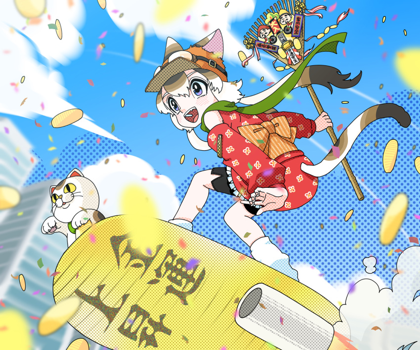 1girl, animal_ears, black_eyes, black_shorts, blue_sky, cat_ears, cat_tail, coin