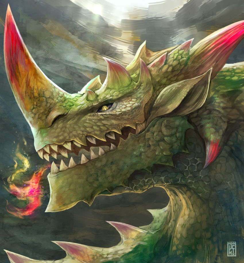black_sclera, breath_weapon, breathing_fire, close-up, colored_sclera, dragon, espinas, fire