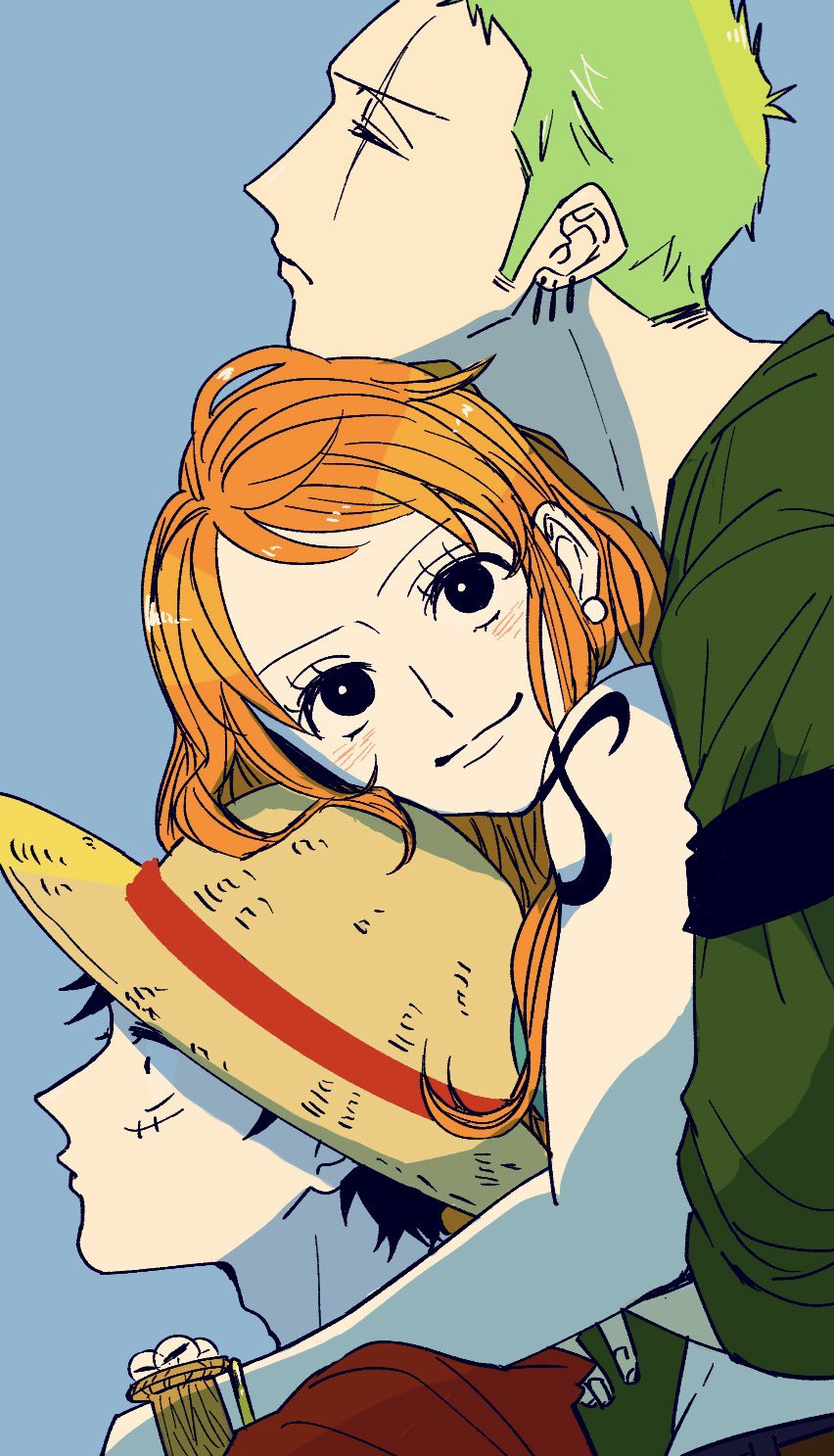 1girl, 2boys, arms_around_neck, bandana, bandana_around_arm, bangle, bare_shoulders, black_bandana