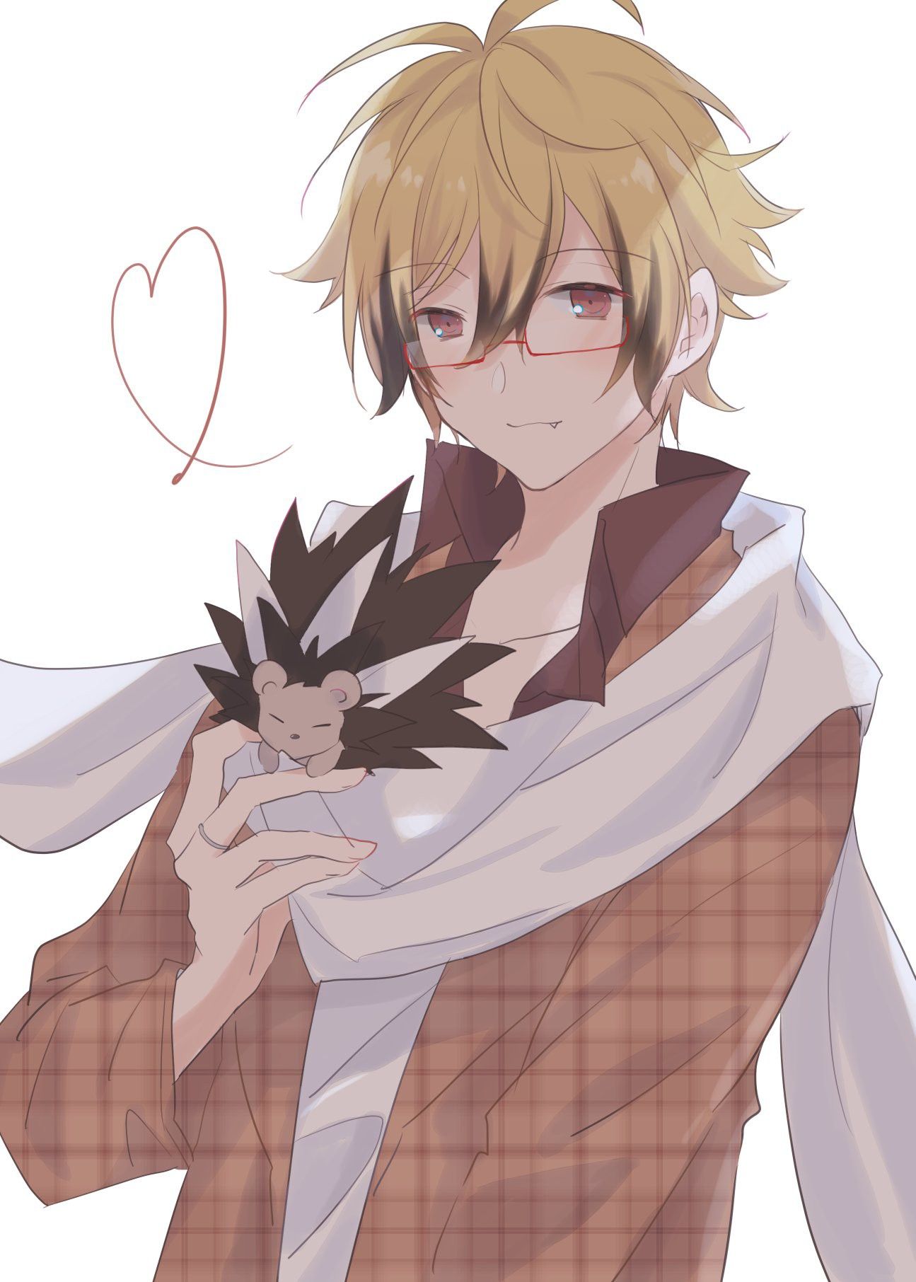 1boy, animal, antenna_hair, black_hair, blonde_hair, fang, glasses, hedgehog, highres, lawless_(servamp), loveyuzu, multicolored_hair, official_alternate_costume, red_eyes, scarf, servamp, short_hair, two-tone_hair, white_background