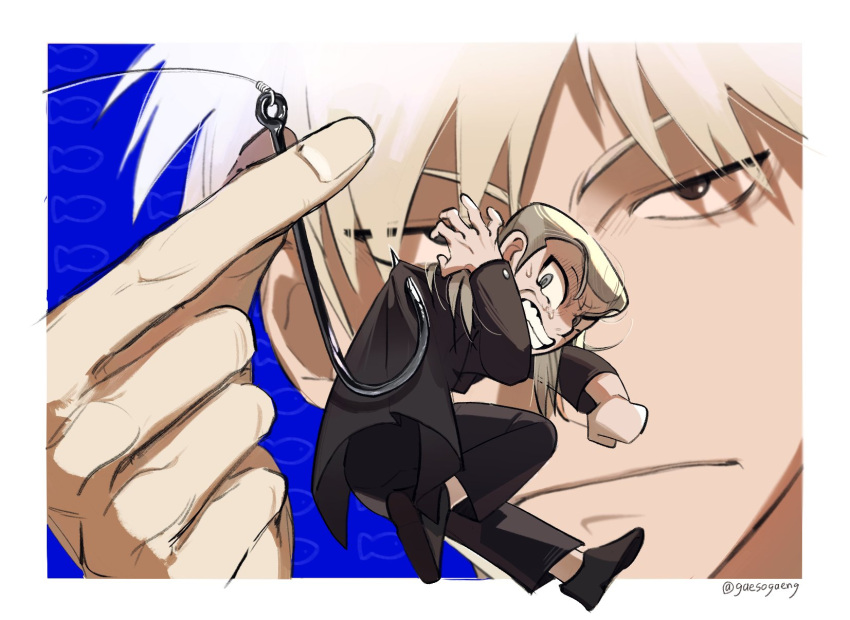 2boys, akagi:_yami_ni_oritatta_tensai, akagi_shigeru, black_footwear, black_jacket, black_pants, clenched_teeth, closed_mouth