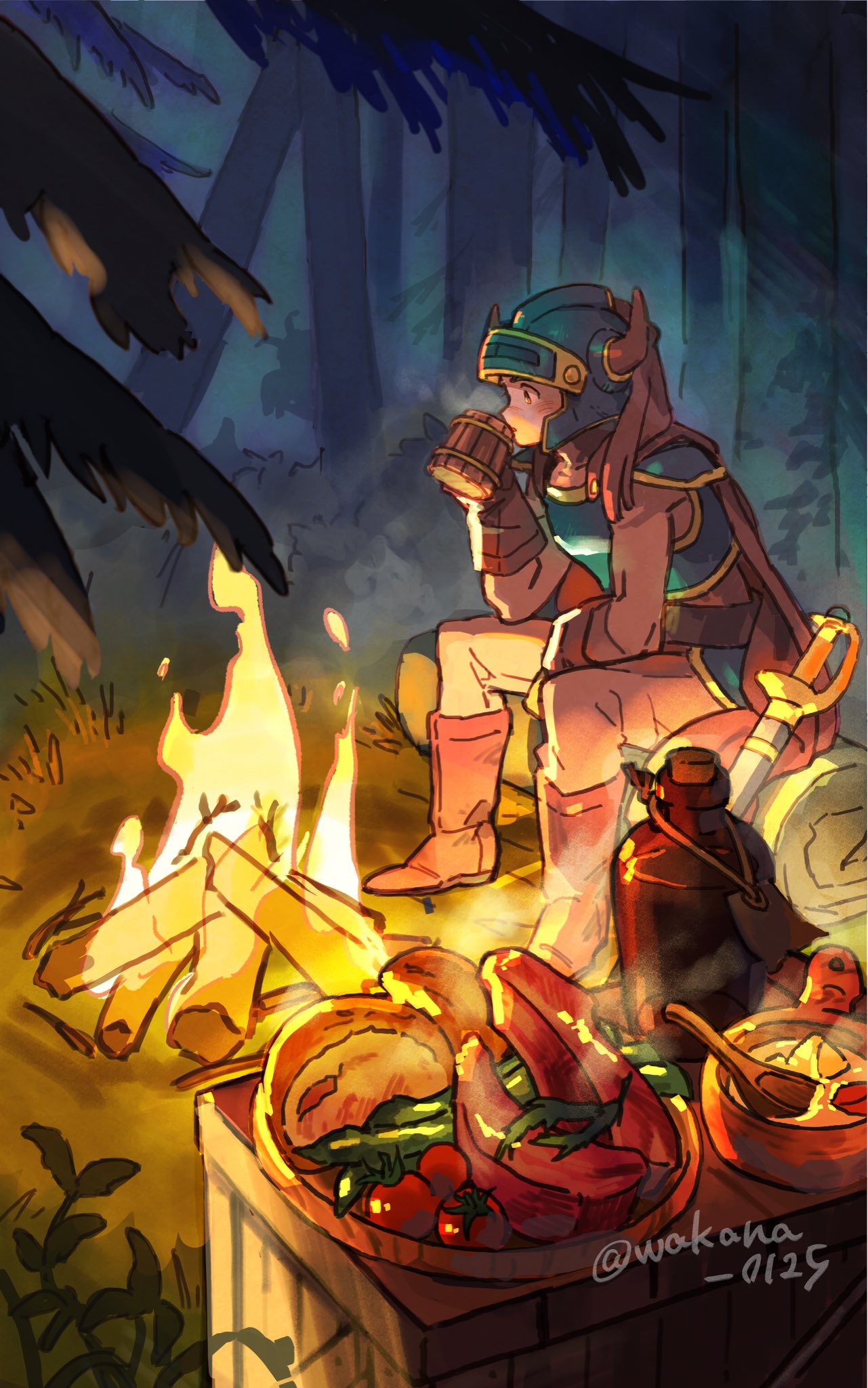 1boy, armor, belt, blue_armor, blue_helmet, bodysuit, bottle, bread
