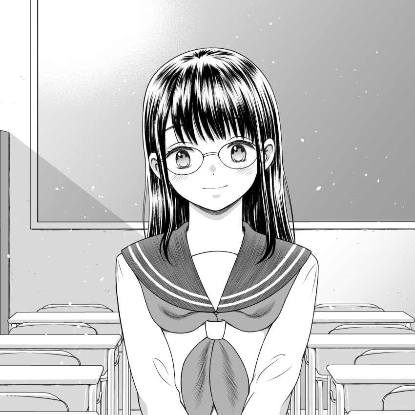 1girl, chair, chalkboard, classroom, closed_mouth, commentary_request, day, desk