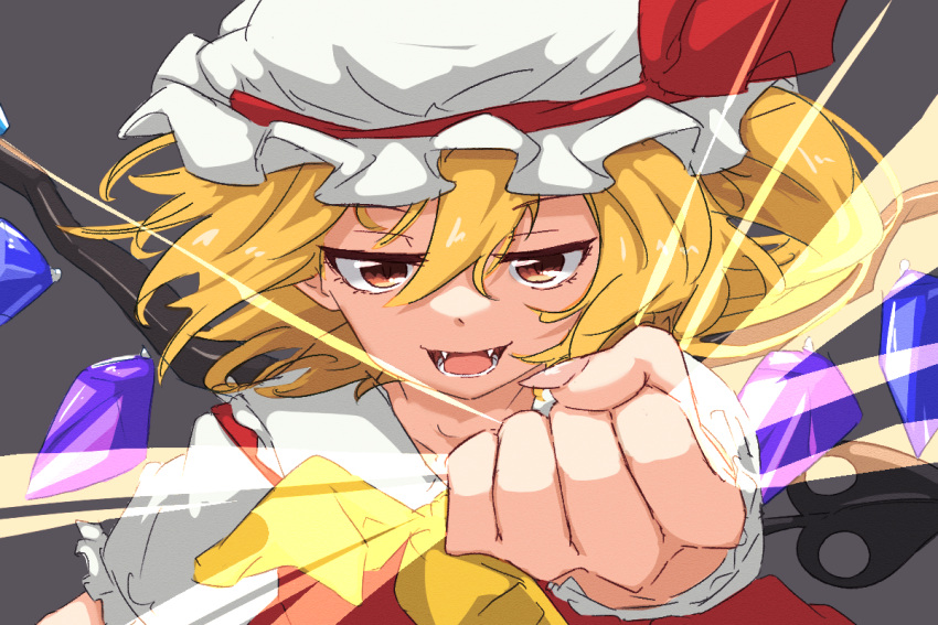 1girl, ascot, blonde_hair, clenched_hand, collared_shirt, commentary_request, fangs, flandre_scarlet