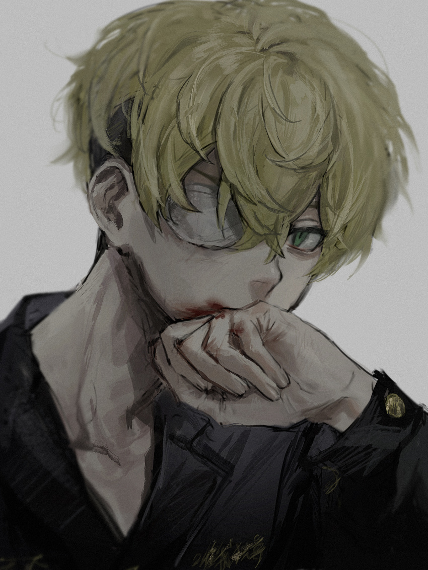 1boy, black_jacket, blonde_hair, blood, blood_on_face, blood_on_hands, collared_jacket, commentary_request, eyepatch, green_eyes, grey_background, hand_up, highres, jacket, jiz_(pffbq), long_sleeves, looking_at_viewer, male_focus, matsuno_chifuyu, medical_eyepatch, muted_color, short_hair, simple_background, solo, tokyo_revengers, undercut, upper_body, very_short_hair, wiping_mouth