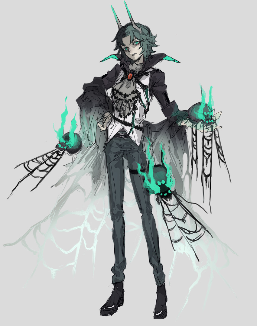 1boy, ascot, bags_under_eyes, black_footwear, black_hair, black_shirt, full_body, gem, green_eyes, green_hair, grey_ascot, grey_background, grey_pants, hand_on_own_hip, hand_up, head_tilt, high_collar, highres, holding, holding_skull, horns, jiz_(pffbq), long_sleeves, looking_at_viewer, male_focus, multicolored_hair, original, pants, parted_lips, red_gemstone, shirt, simple_background, skull, solo, split-color_hair, standing, thigh_strap, vest, white_vest, wide_sleeves