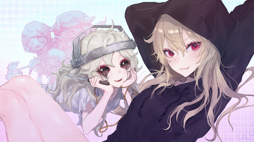 1other, 4girls, :3, animal_hood, arms_behind_head, arms_up, black_blood, black_hoodie, blonde_hair, blood, blood_from_eyes, blue_background, borrowed_character, brown_eyes, chibi, closed_mouth, fang, feet_out_of_frame, follower_(identity_v), galatea_(identity_v), gradient_background, hair_between_eyes, hands_on_own_face, highres, holding, holding_knife, hood, hood_up, hoodie, identity_v, jiz_(pffbq), knees_up, knife, long_hair, long_sleeves, looking_at_viewer, lying, multiple_girls, on_stomach, original, pink_background, red_eyes, red_lips, robbie_(identity_v), robbie_(wail)_(identity_v), skin_fang, smile, solid_eyes, virtual_youtuber, yidhra_(identity_v)