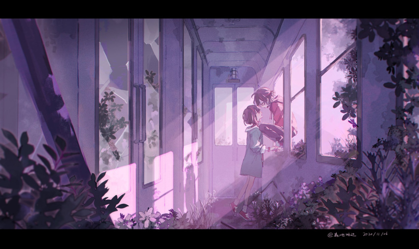 1boy, 1girl, 2020, artist_name, bacheally, black_border, black_hair, black_pants