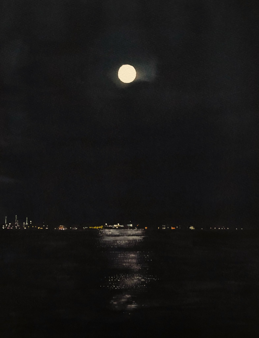 city, city_lights, dark, full_moon, highres, horizon, moon, mouen_tw