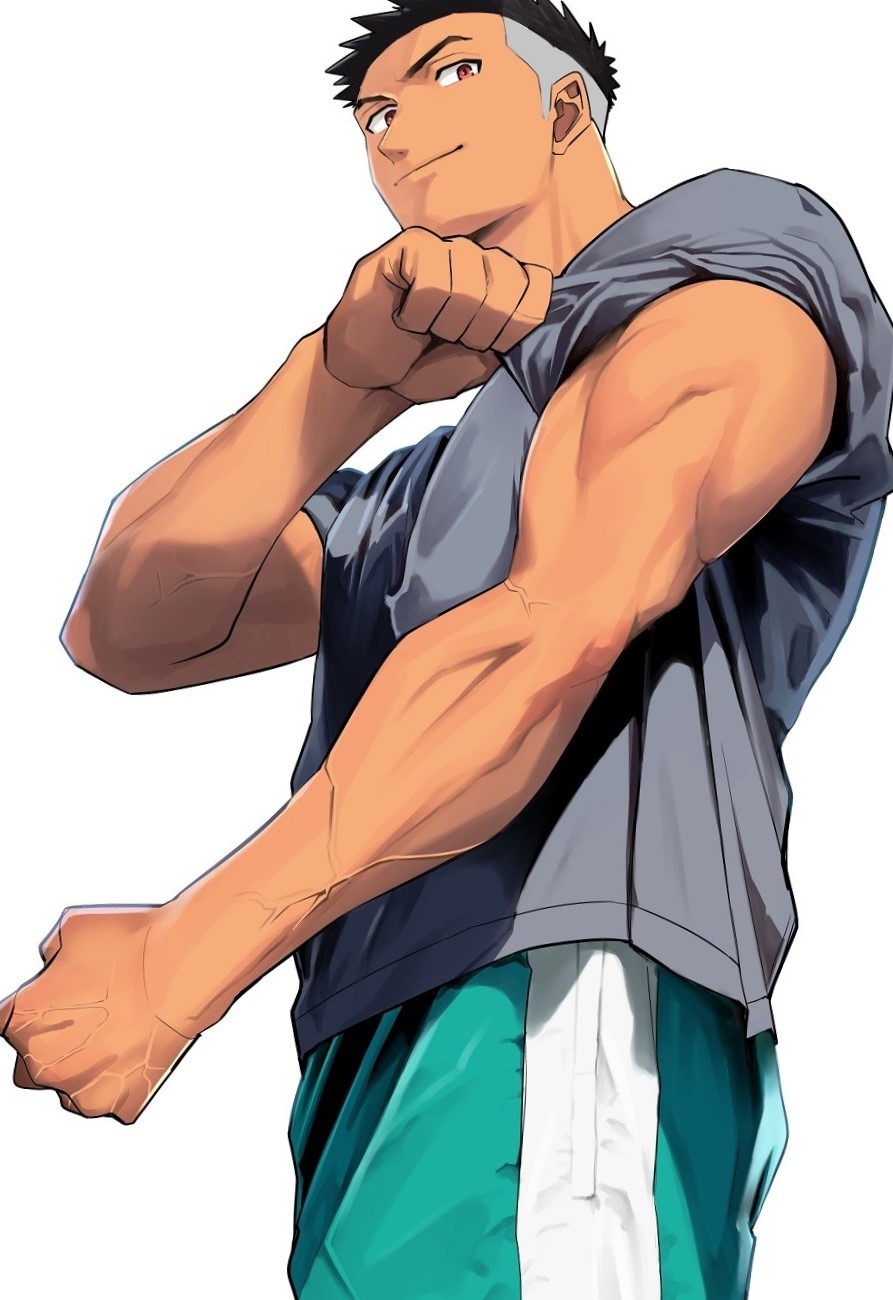 1boy, black_hair, black_skirt, clenched_hand, cowboy_shot, dark-skinned_male, dark_skin, flexing