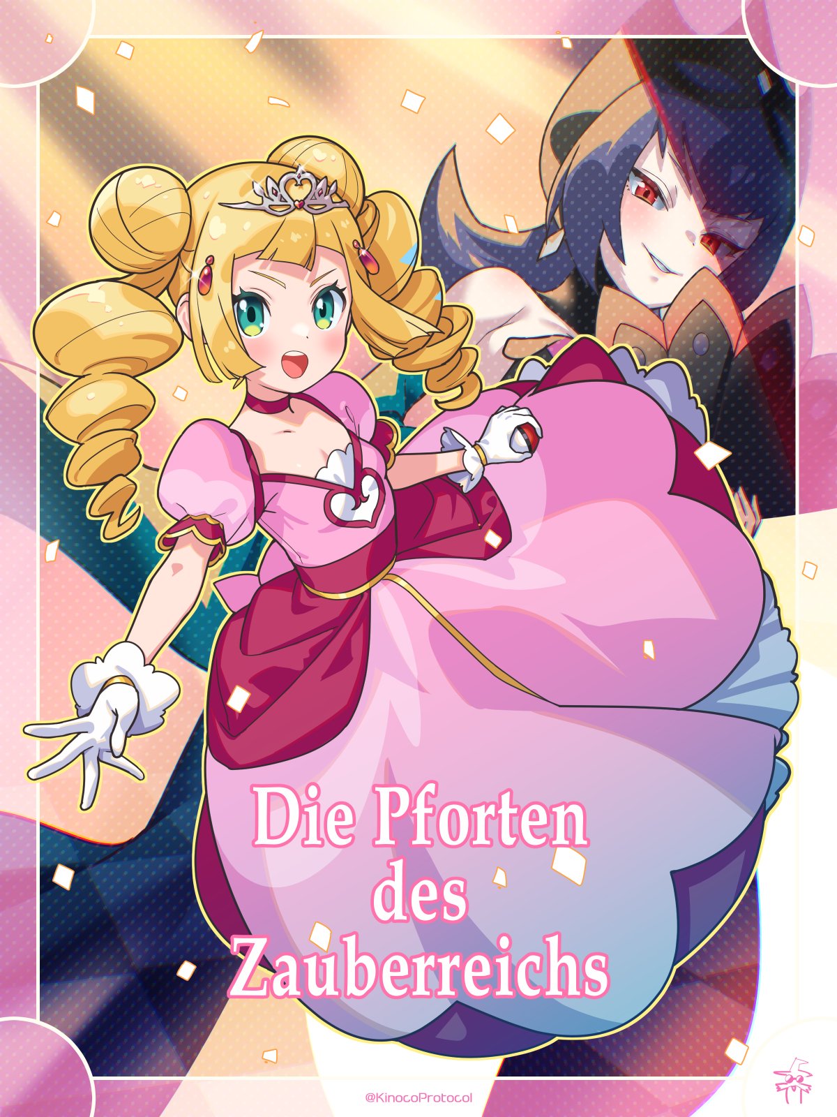 2girls, alternate_costume, alternate_hairstyle, artist_name, bellelba_(pokemon), black_hair, blonde_hair, blunt_sidelocks