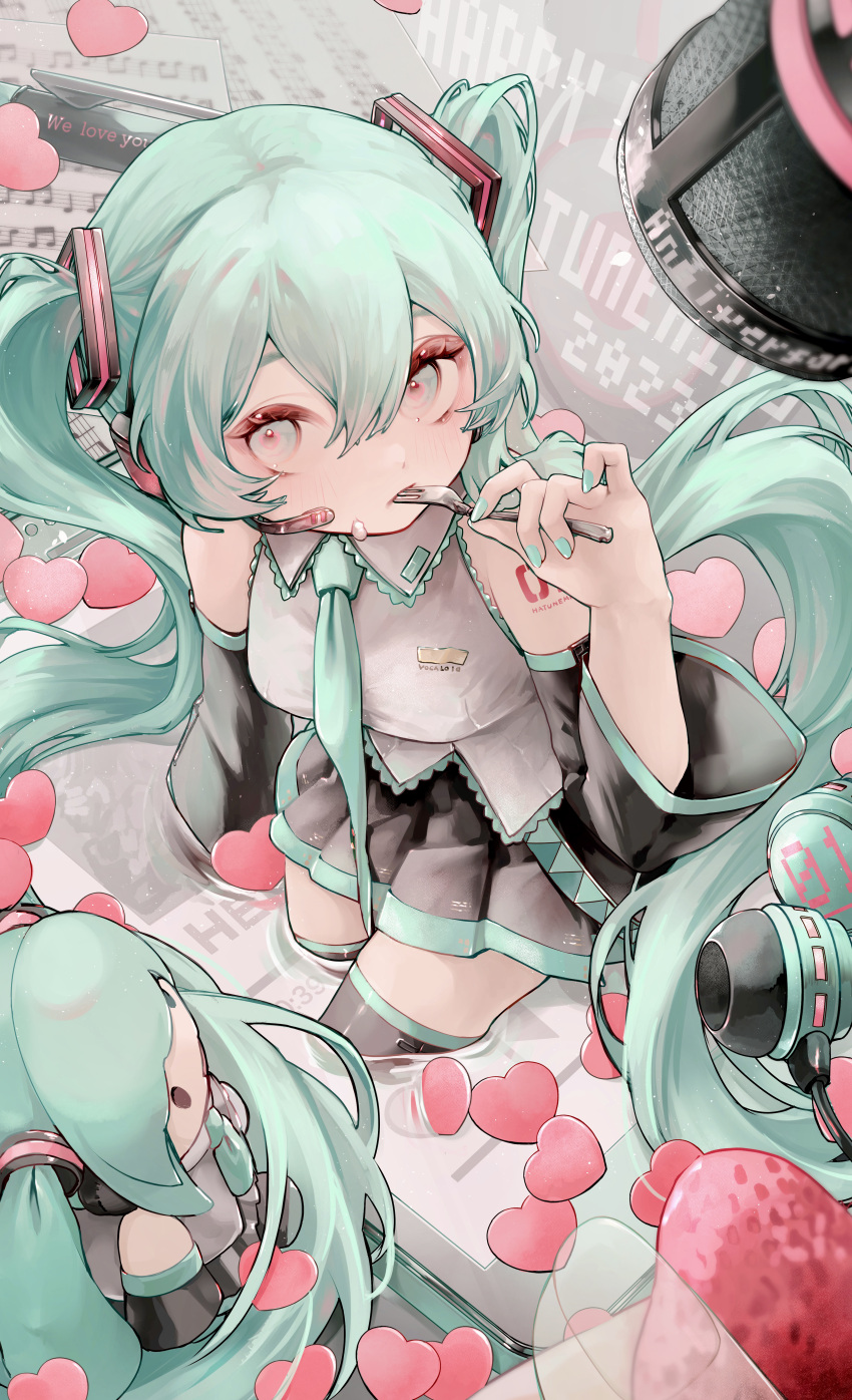 1girl, absurdres, birthday, black_sleeves, breasts, character_doll, detached_sleeves, eating, fork, green_eyes, green_hair, grey_shirt, hatsune_miku, heart, highres, holding, holding_fork, long_hair, looking_at_viewer, medium_breasts, microphone, necktie, number_tattoo, paper_heart, pleated_skirt, sheet_music, shiiro_illust, shirt, skirt, sleeveless, sleeveless_shirt, solo, stuffed_toy, tattoo, thigh-highs, twintails, utensil_in_mouth, very_long_hair, vocaloid, wading, zettai_ryouiki