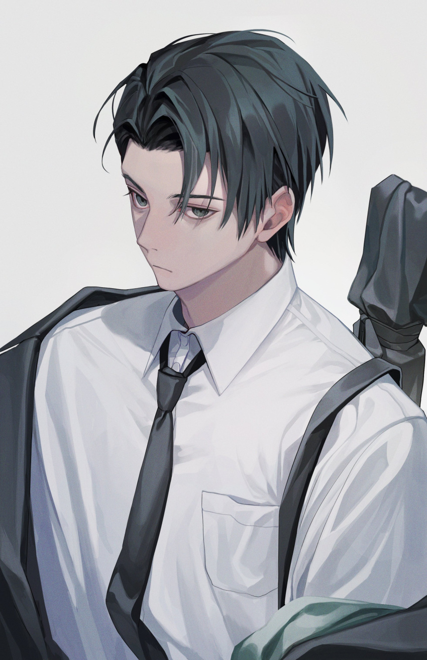1boy, absurdres, black_coat, black_hair, black_necktie, breast_pocket, closed_mouth, coat