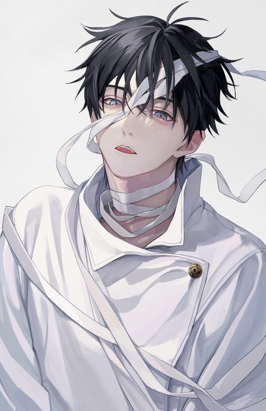 1boy, absurdres, black_hair, blue_eyes, buttons, grey_background, highres, jacket