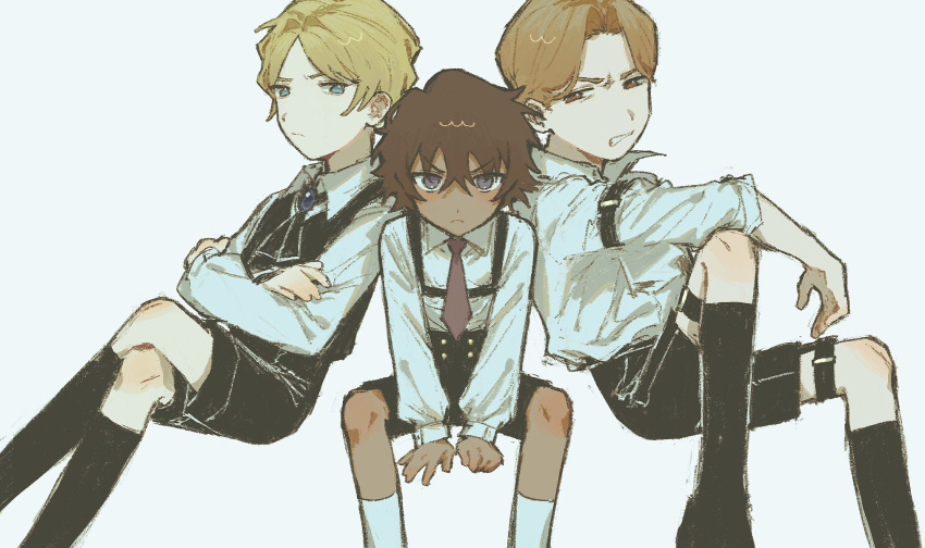 3boys, :<, aged_down, angry, ascot, black_ascot, black_shorts, black_socks