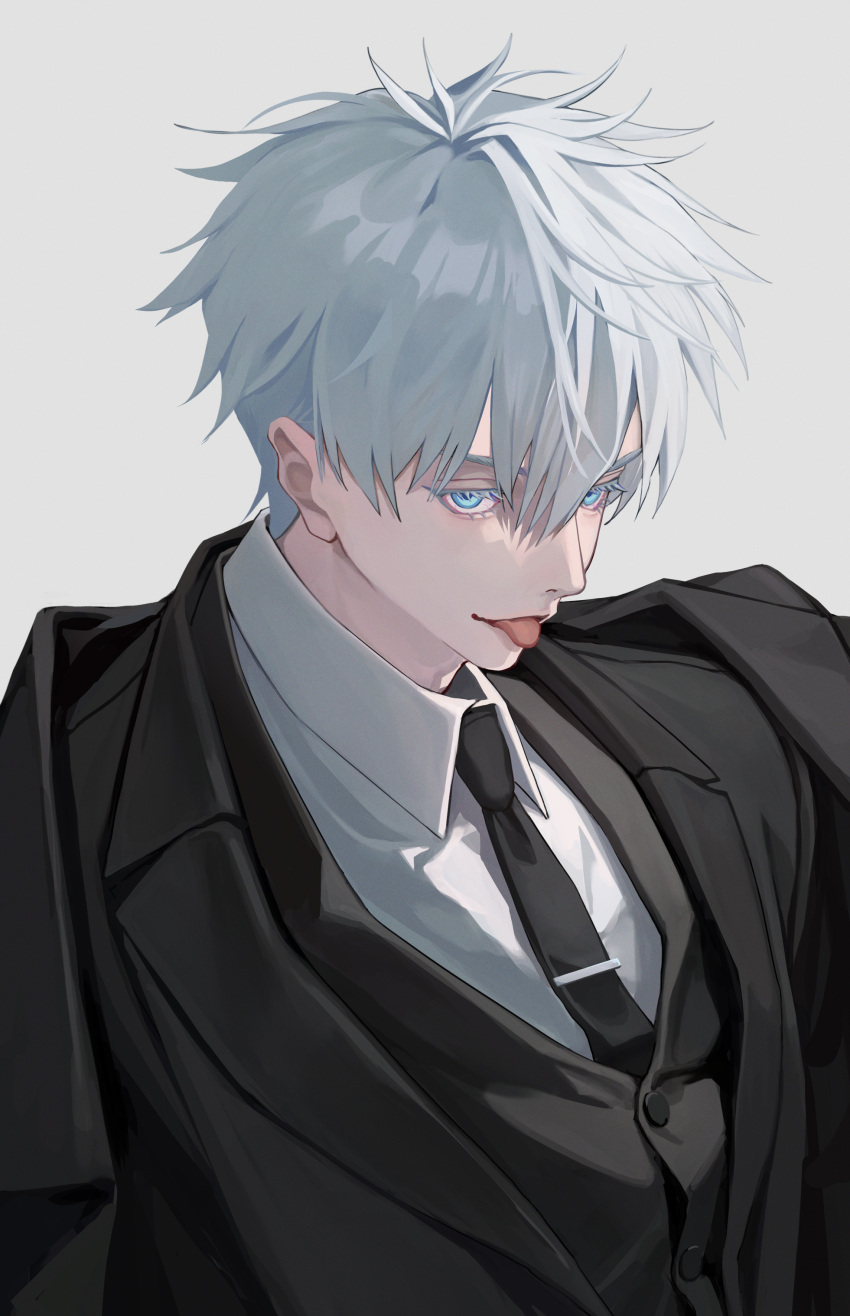 1boy, absurdres, black_coat, black_necktie, blue_eyes, coat, collared_shirt, gojou_satoru