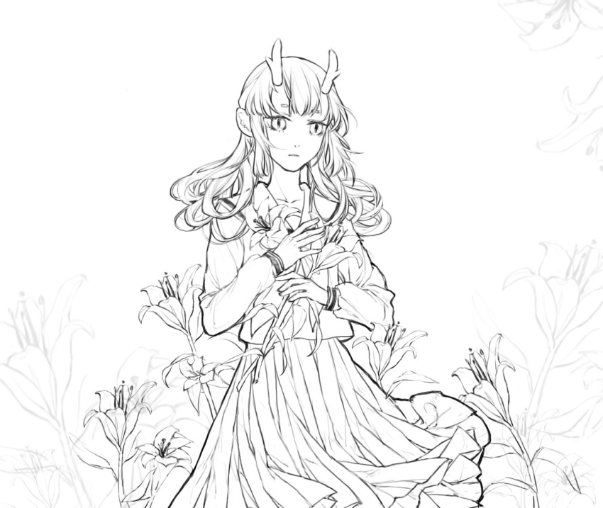 1girl, closed_mouth, collarbone, eastern_dragon_horns, feiren_zai, flower, greyscale, highres