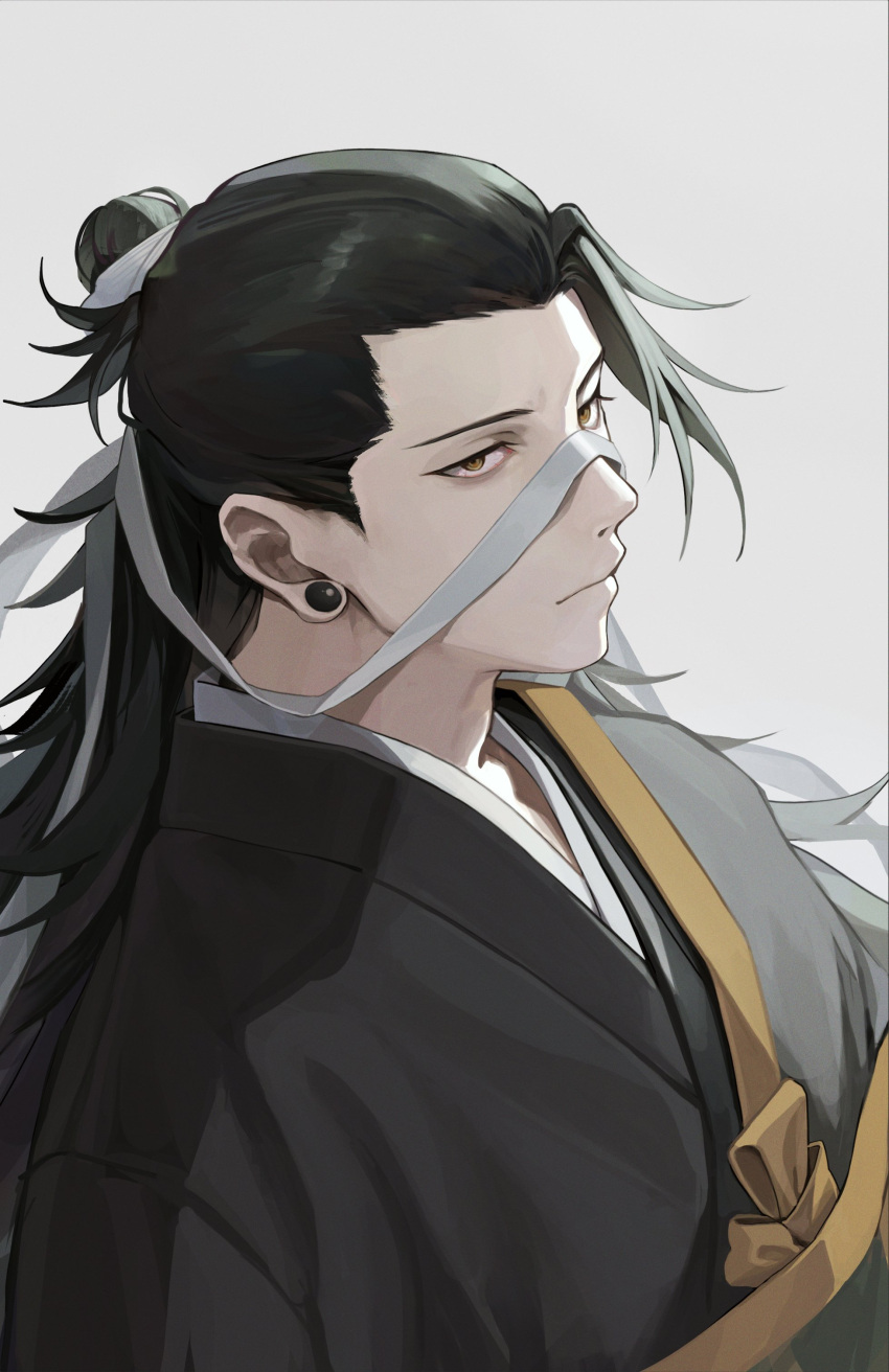 1boy, absurdres, black_hair, black_robe, closed_mouth, ear_piercing, from_side, getou_suguru