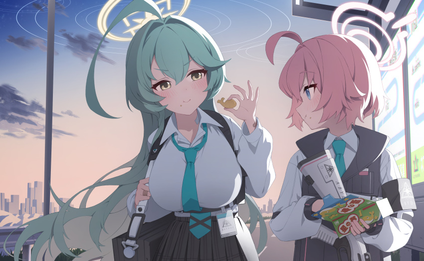 2girls, absurdres, ahoge, black_skirt, black_vest, blue_archive, blue_eyes, blue_necktie