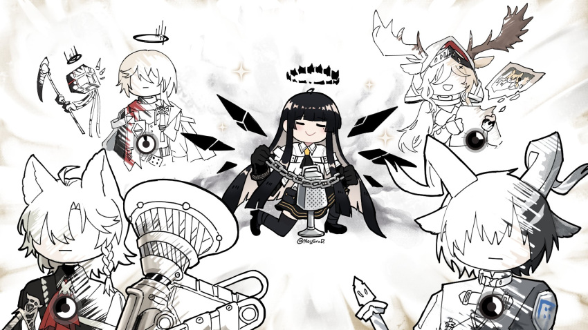 2girls, 3boys, ahoge, animal_ears, antlers, antlers_through_headwear, arknights, ascot