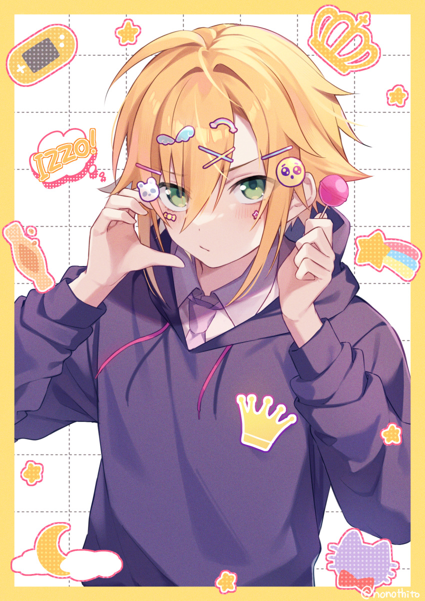 1boy, blonde_hair, blush, border, candy, crown_print, emoji_hair_ornament, food
