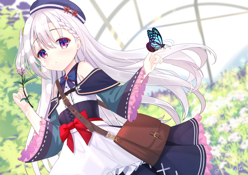 1girl, absurdres, apron, bag, bare_shoulders, beret, black_hat, black_skirt