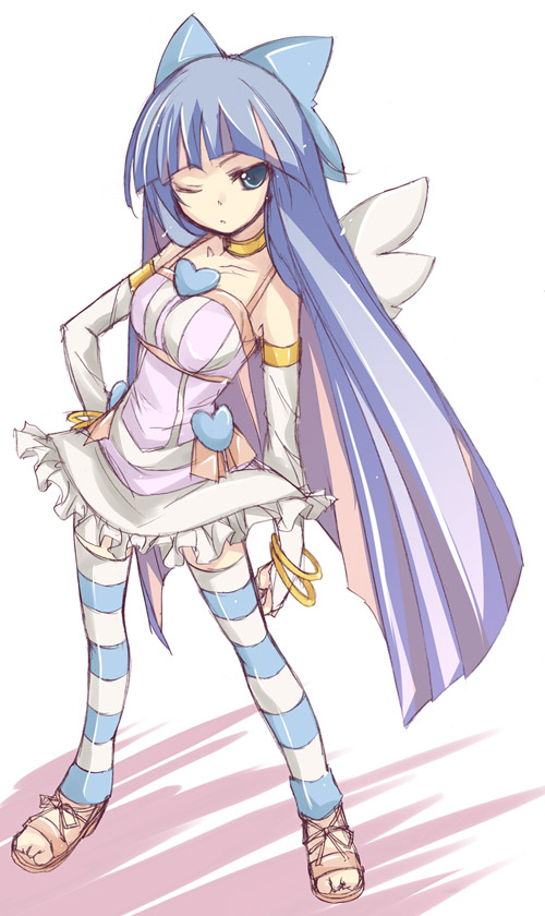 bare_shoulders, blue_eyes, blue_hair, bow, hair_bow, hand_on_hip, legs, panty_&amp;_stocking_with_garterbelt