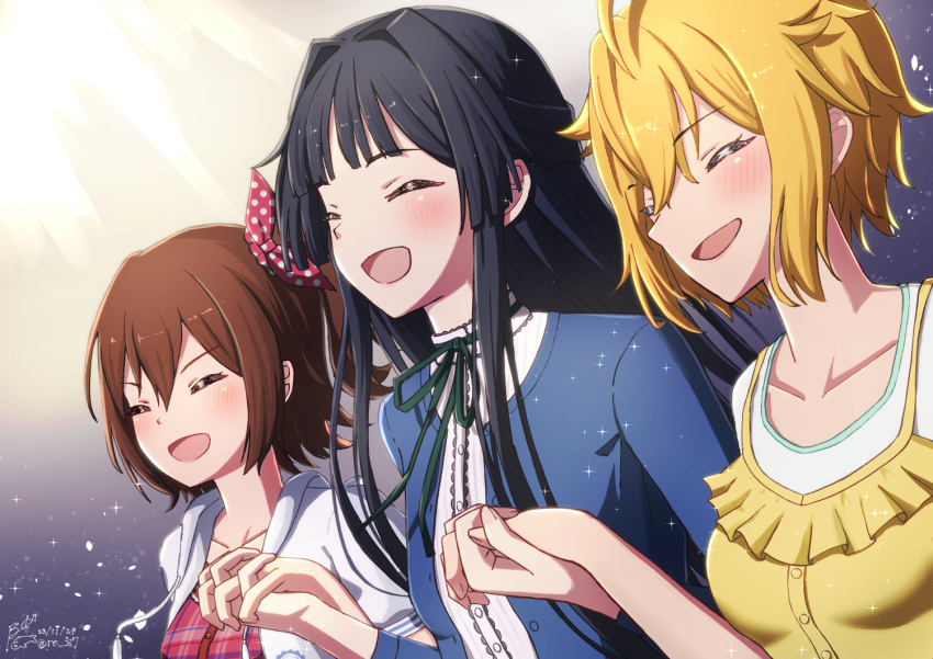 3girls, ahoge, black_hair, blue_cardigan, blunt_bangs, blush, brown_hair, camisole