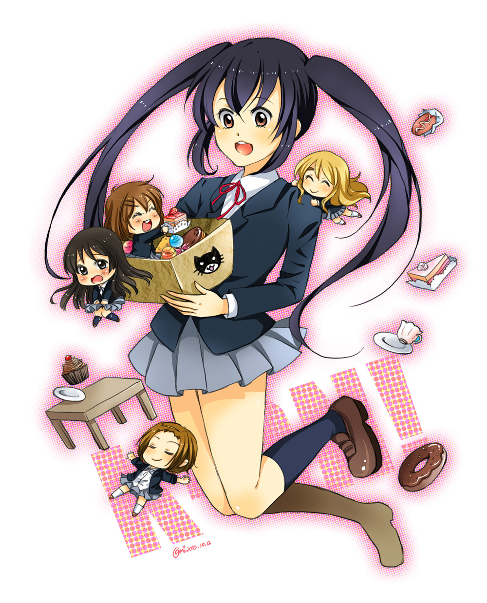 black_hair, brown_eyes, cake, candy, chibi, cupcake, doughnut, food
