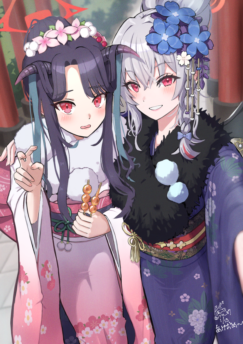 2girls, black_hair, black_sash, blue_archive, blue_flower, blush, braid, dango