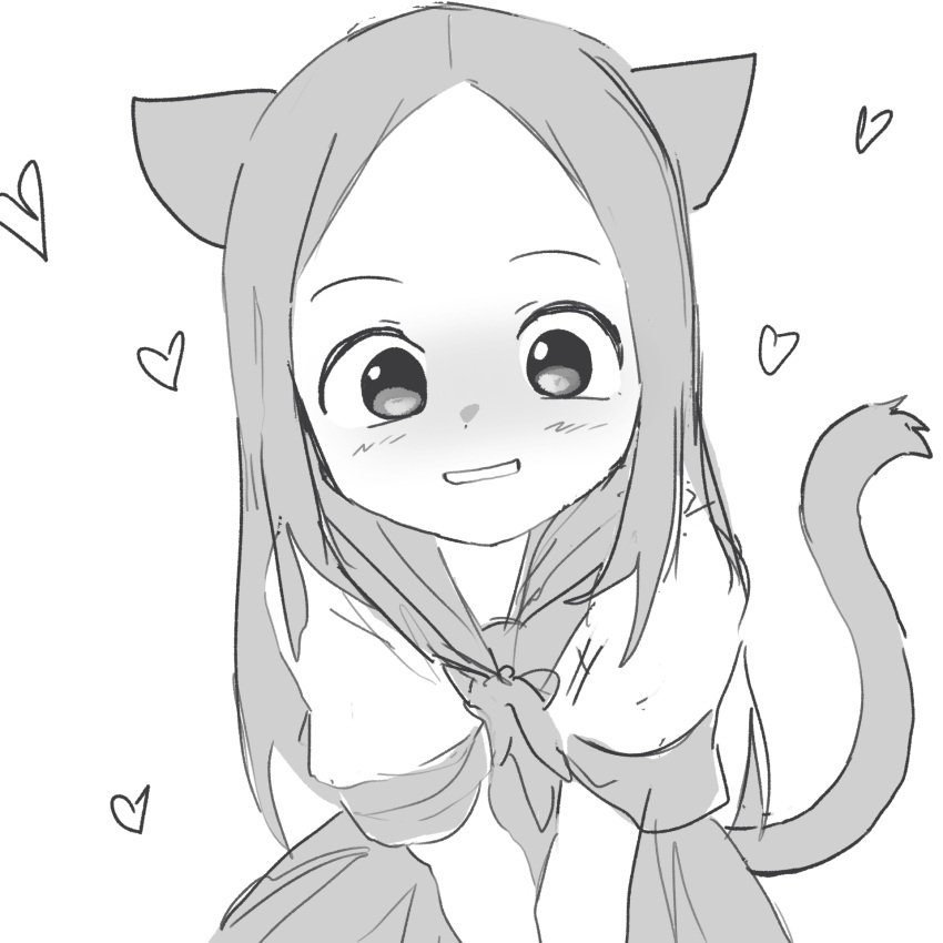 1girl, animal_ears, blush, cat_tail, cowboy_shot, greyscale, heart, highres