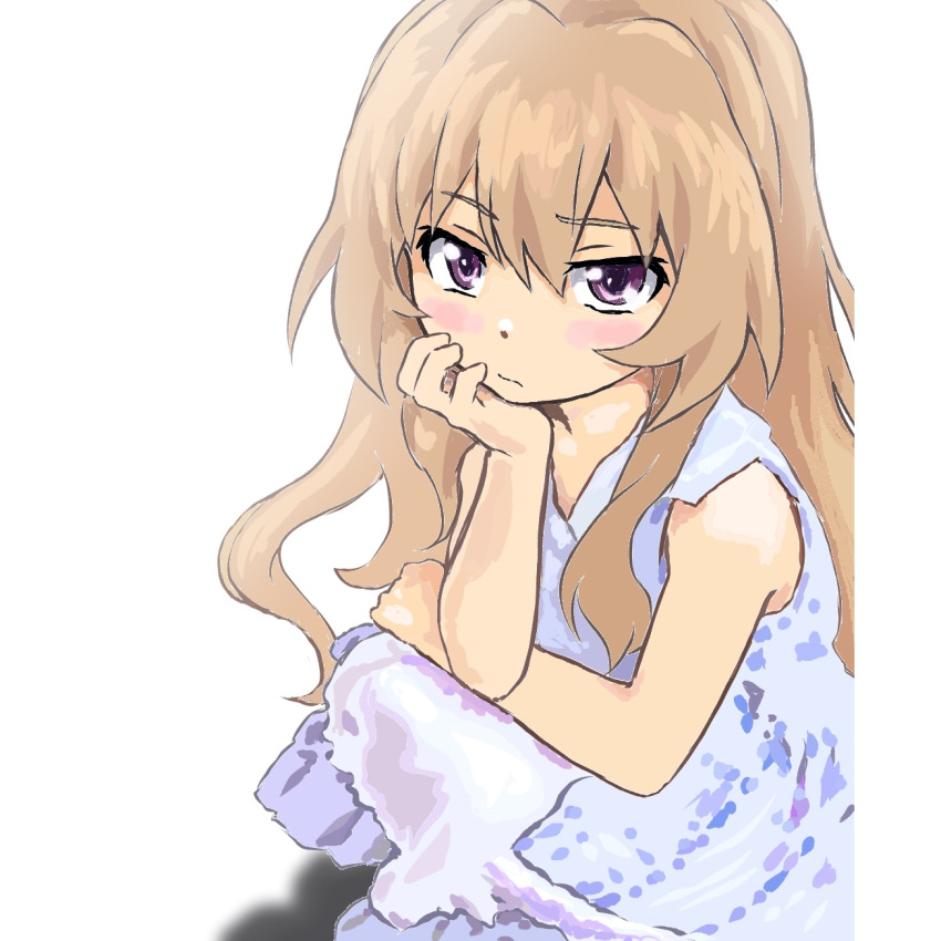 1girl, aisaka_taiga, blush, brown_eyes, brown_hair, closed_mouth, commentary, dress, hair_between_eyes, head_rest, highres, long_hair, looking_at_viewer, mizumori_keiichi, simple_background, sleeveless, sleeveless_dress, solo, squatting, toradora!, white_background, white_dress
