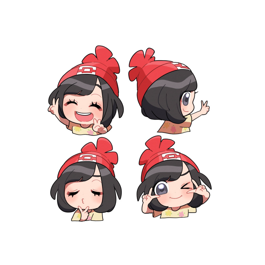 >_o, 1girl, :d, aria_pkmn, beanie, chibi, closed_eyes, commentary_request