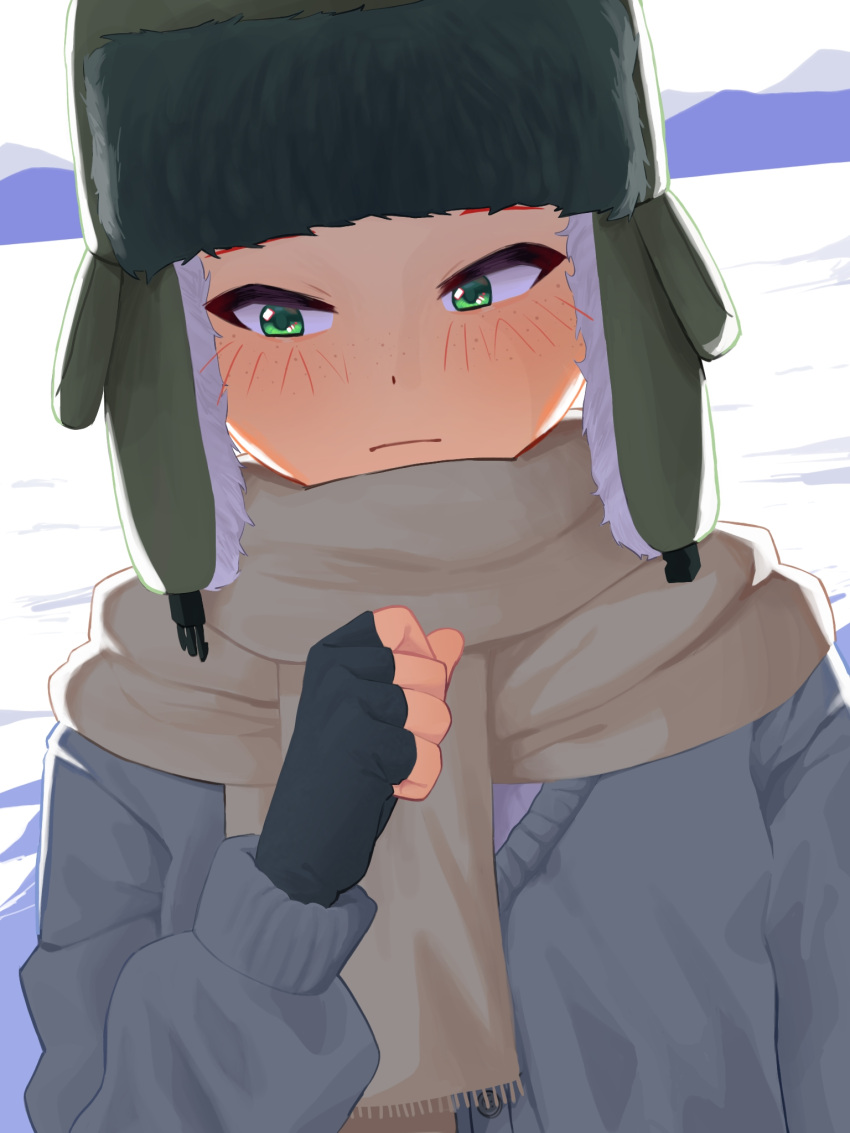 1boy, amburrge, blush, commentary, english_commentary, fingerless_gloves, freckles, frown