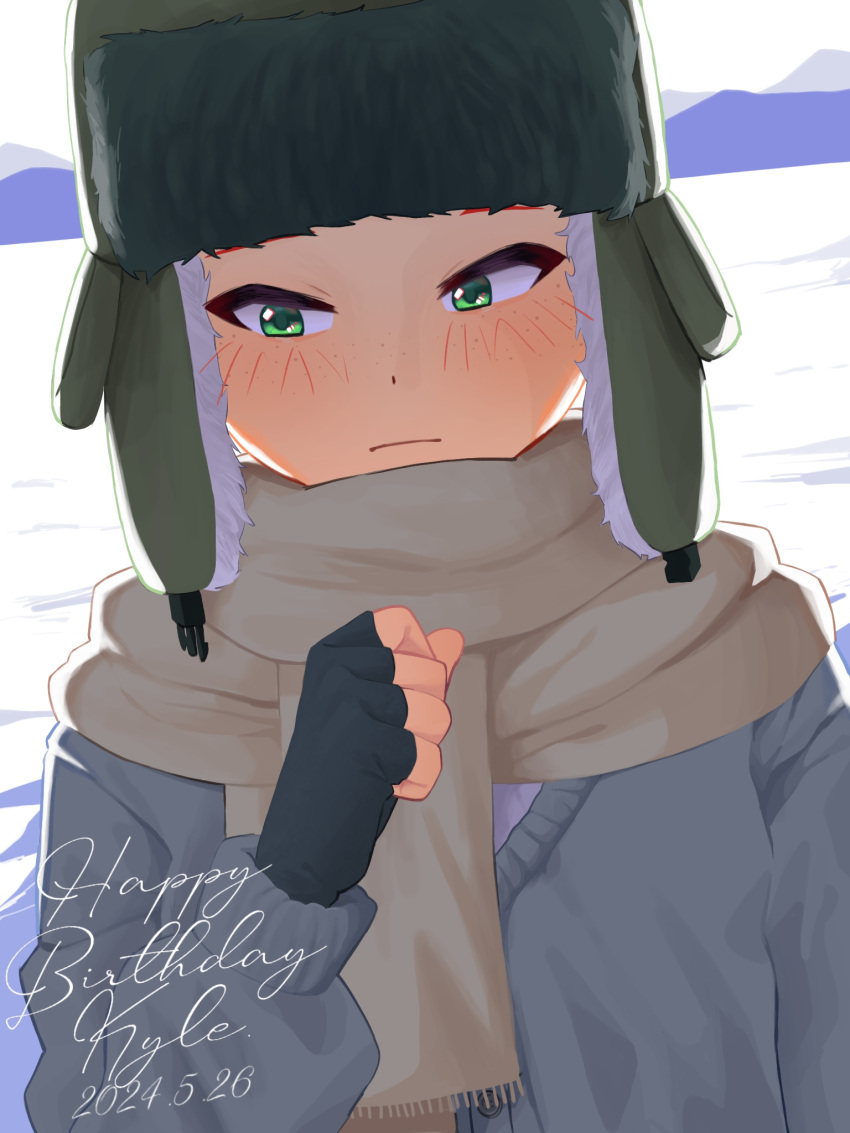 1boy, amburrge, blush, commentary, dated, english_commentary, fingerless_gloves, freckles