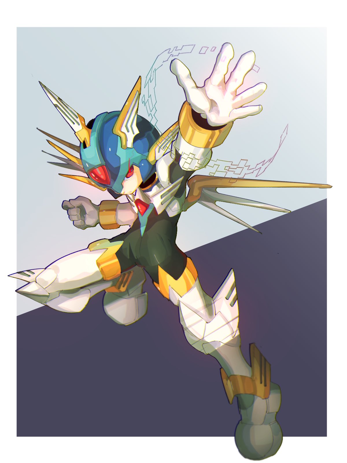 1boy, armor, black_background, commentary, copy_x_(mega_man), forehead_jewel, full_body, gradient_background