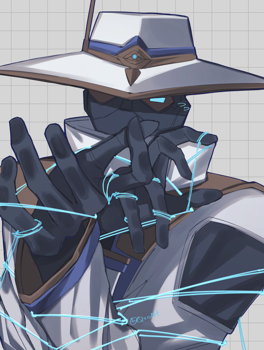 1boy, animification, blue_eyes, cypher_(valorant), grey_background, grid_background, hat, highres, jacket, looking_at_viewer, male_focus, mask, nanana_(syoki0916), portrait, solo, thread, valorant, white_hat, white_jacket