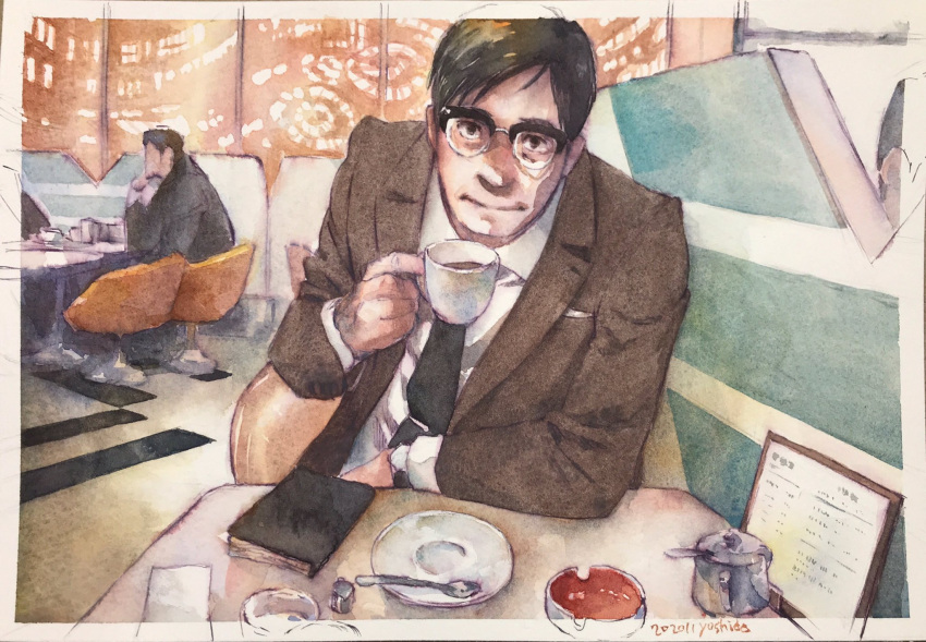 2011, 3boys, black_hair, book, brown_eyes, cafe, chair, cigarette_holder