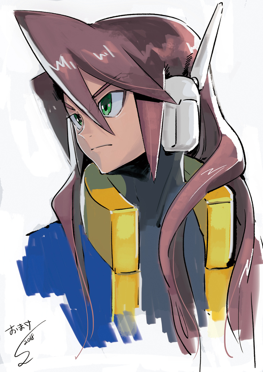 1boy, black_bodysuit, blue_jacket, bodysuit, bodysuit_under_clothes, brown_hair, cropped_jacket, green_eyes, hair_between_eyes, highres, jacket, long_hair, male_focus, mega_man_(series), mega_man_zx, mega_man_zx_advent, open_clothes, open_jacket, robot_ears, simple_background, solo, sumomo, upper_body, vent_(mega_man), white_background
