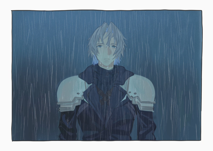 1boy, aged_down, armor, black_jacket, black_shirt, border, chest_strap, final_fantasy