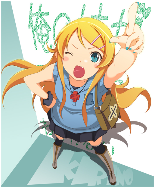 bad_id, bag, beniho_sakura, blonde_hair, blue_eyes, boots, casual, fang