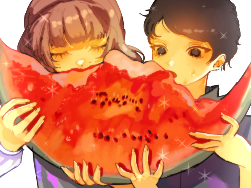 1boy, 1girl, black_eyes, black_hair, blunt_bangs, brown_hair, closed_eyes, cometdreamer