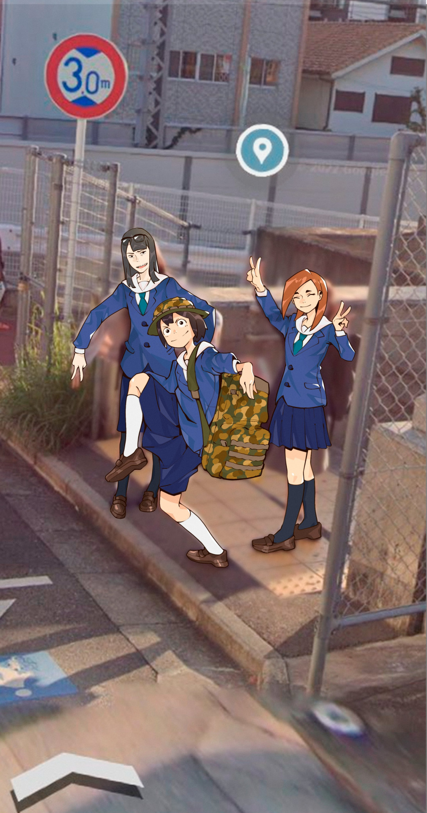 3girls, absurdres, arms_up, asakusa_midori, backpack, bag, black_hair, blue_jacket