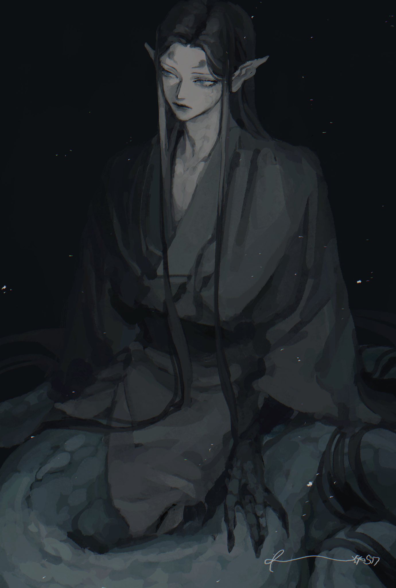 1boy, animal_hands, black_background, black_hair, black_kimono, blue_eyes, colored_skin, commentary